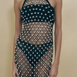 black cotton crochet halter dress with beaded bells