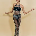 black cotton crochet halter dress with beaded bells