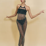 black cotton crochet halter dress with beaded bells