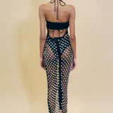 black cotton crochet halter dress with beaded bells