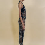 black cotton crochet halter dress with beaded bells