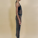 black cotton crochet halter dress with beaded bells