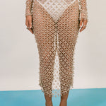 cream cotton netted beaded bell fitted midi skirt