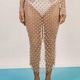 cream cotton netted beaded bell fitted midi skirt