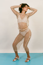 Load image into Gallery viewer, cream cotton netted beaded bell fitted midi skirt