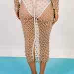 cream cotton netted beaded bell fitted midi skirt