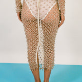 cream cotton netted beaded bell fitted midi skirt