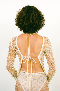 cotton netted beaded bell open back long sleeve