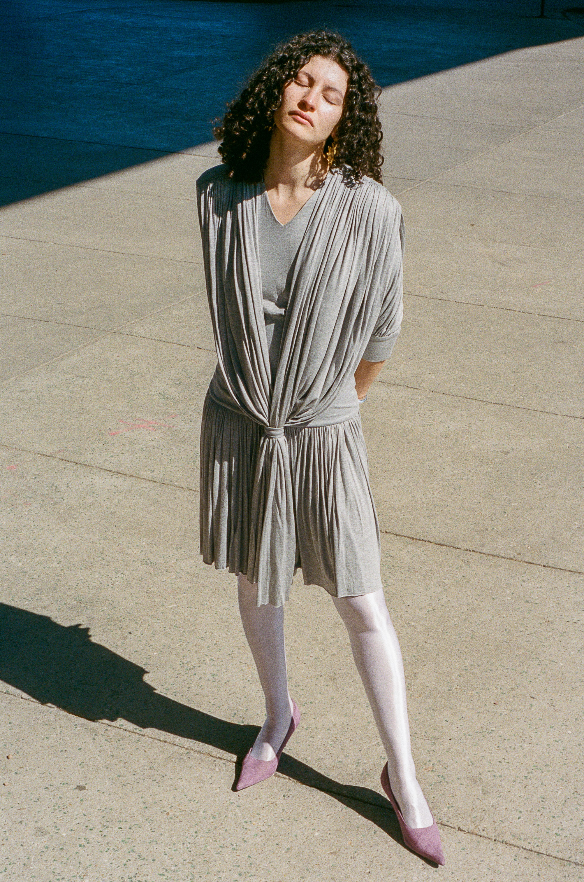 grey viscose elastane fitted drape mini dress