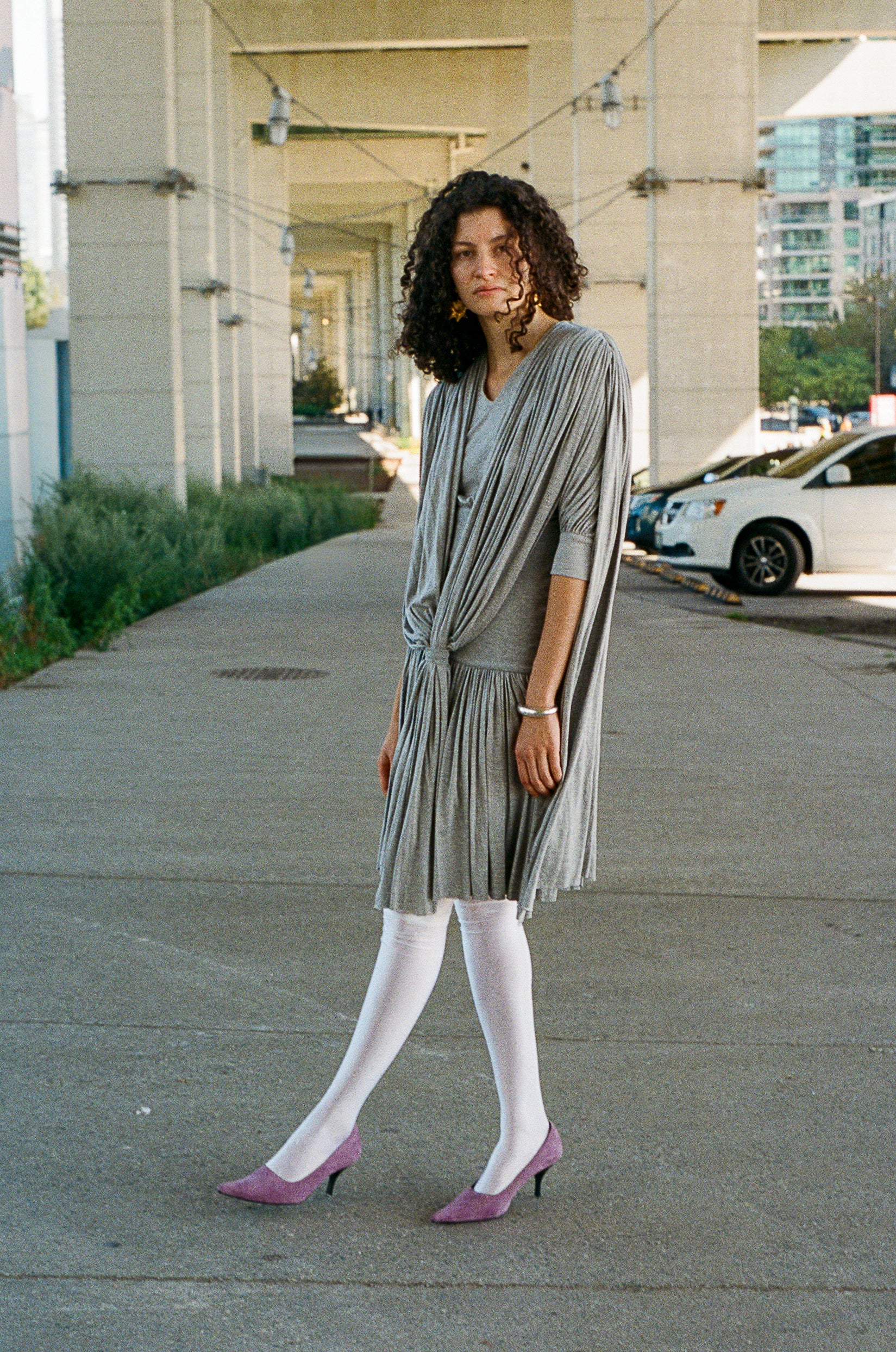 grey viscose elastane fitted drape mini dress