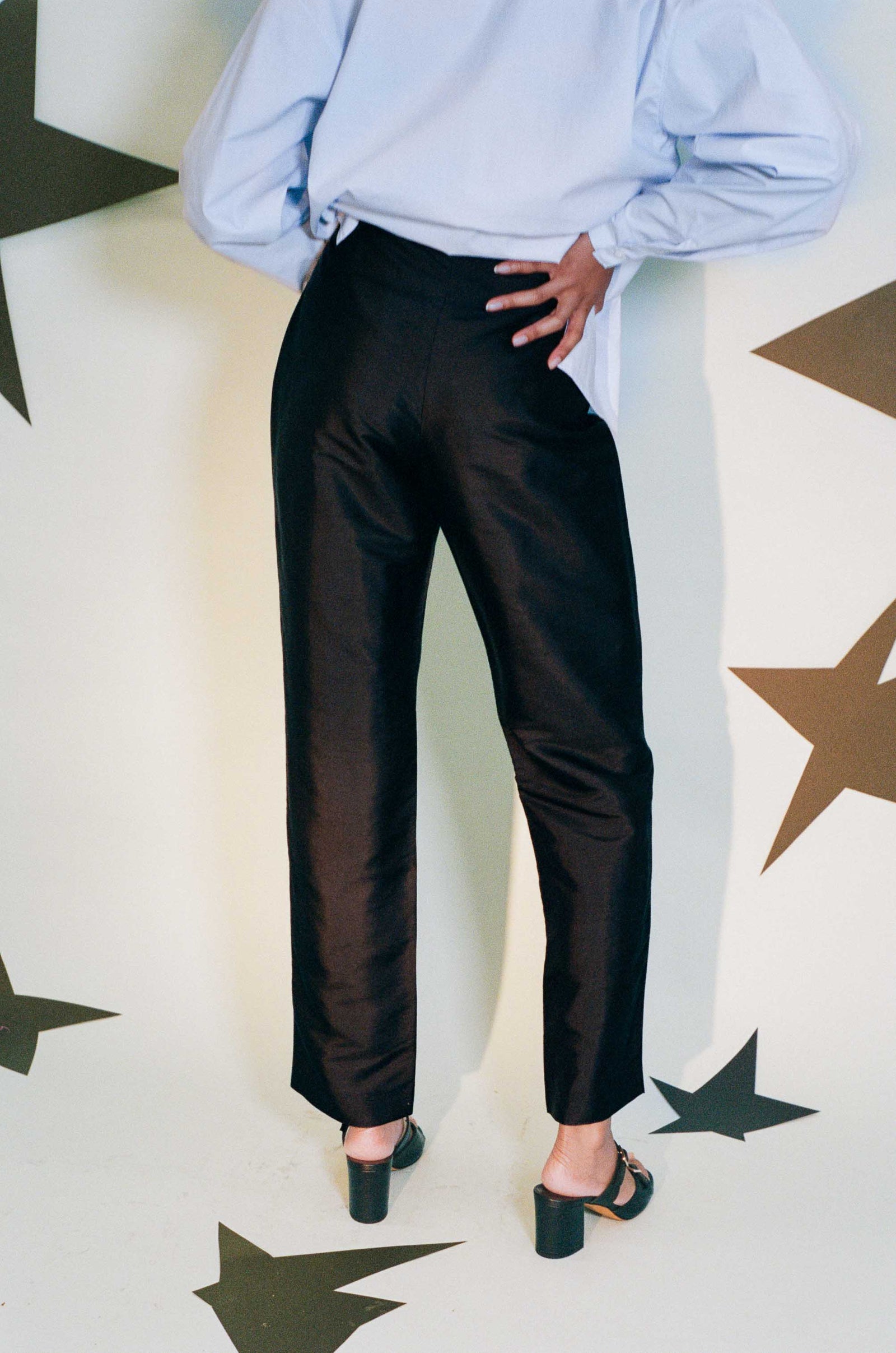 black silk shantung high waisted cigarette pant