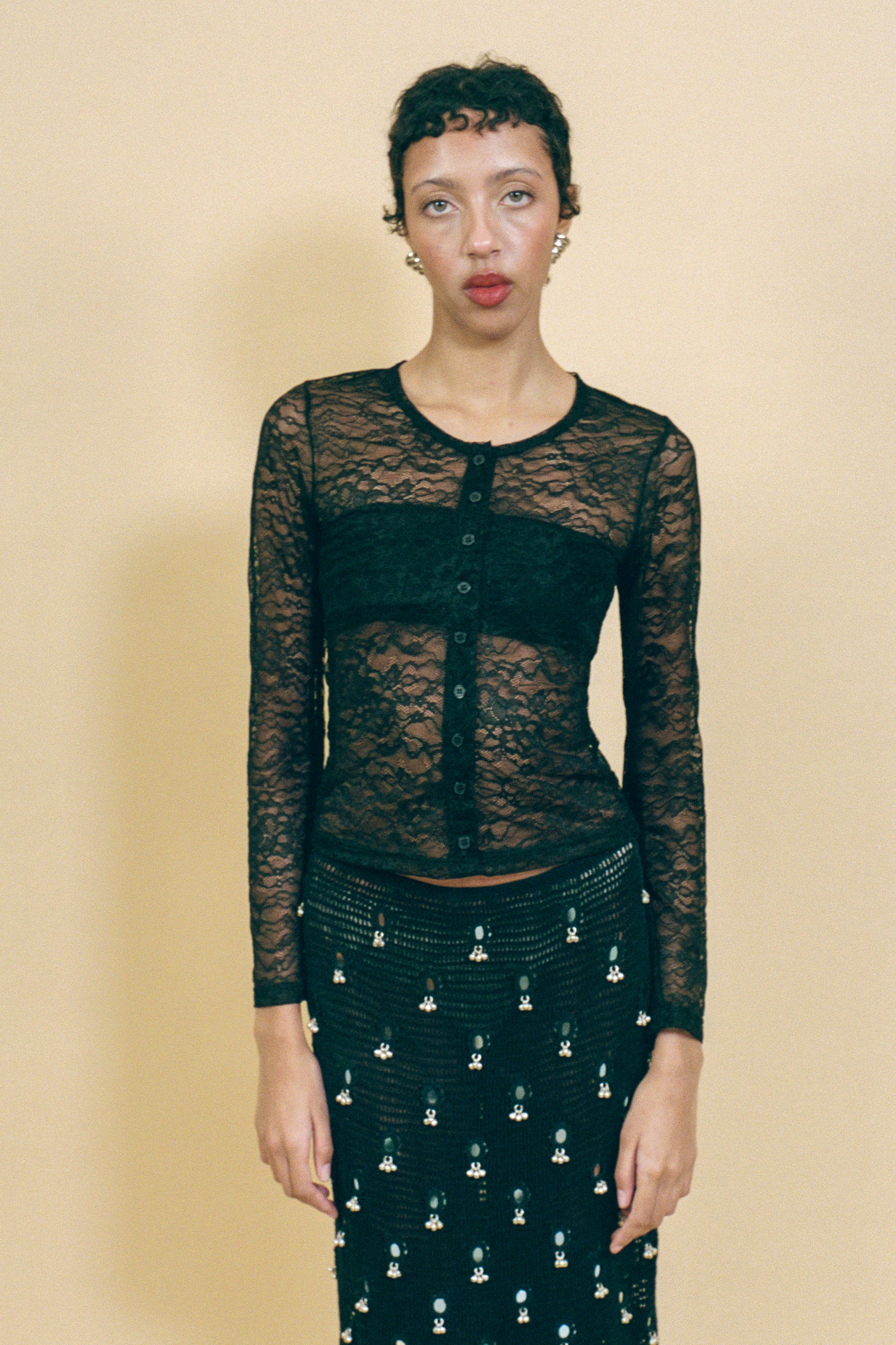 black stretch lace fitted button up cardigan