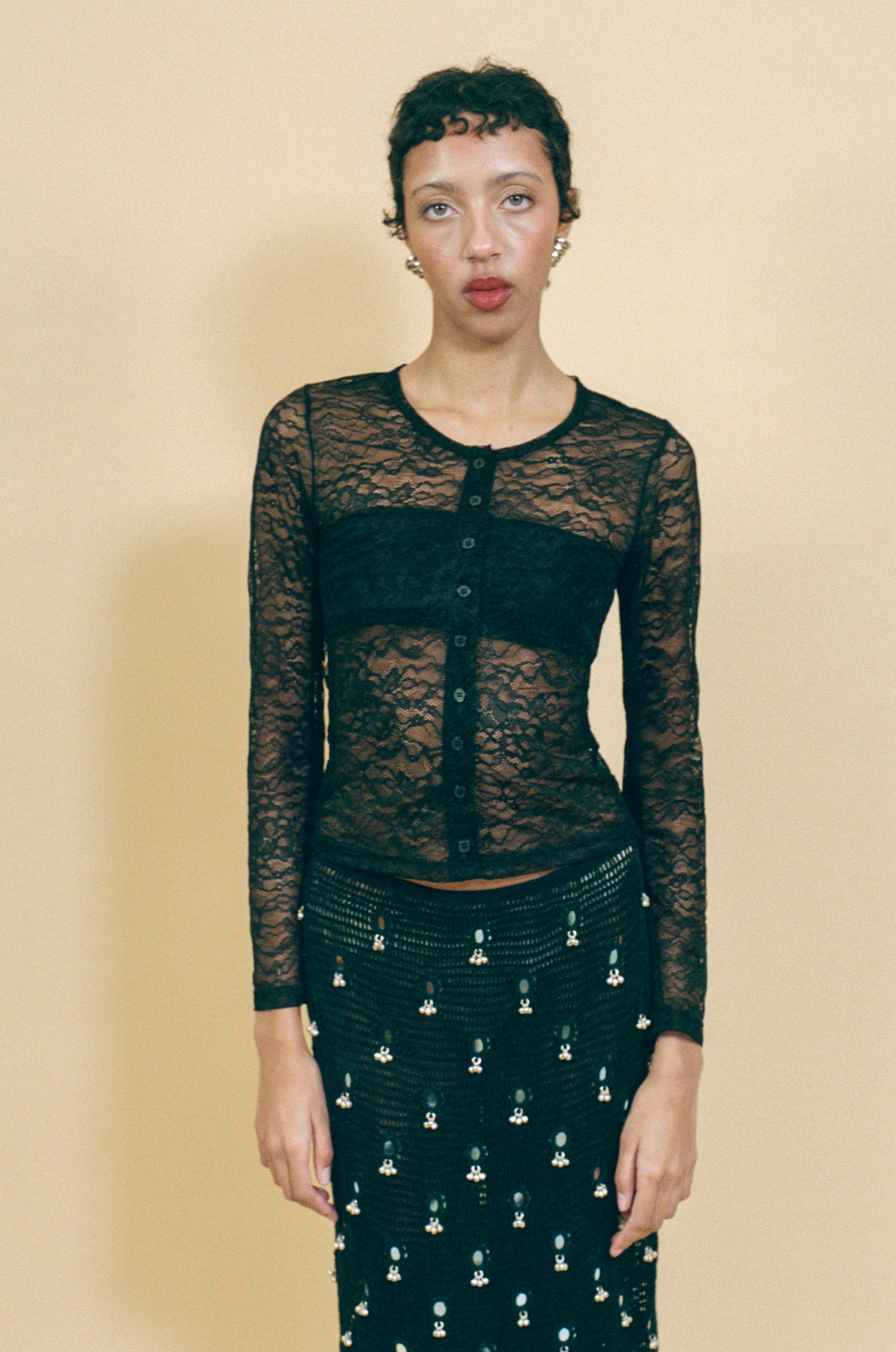 black stretch lace fitted button up cardigan