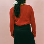 ruby red cotton nylon sheer longsleeve pullover sweater