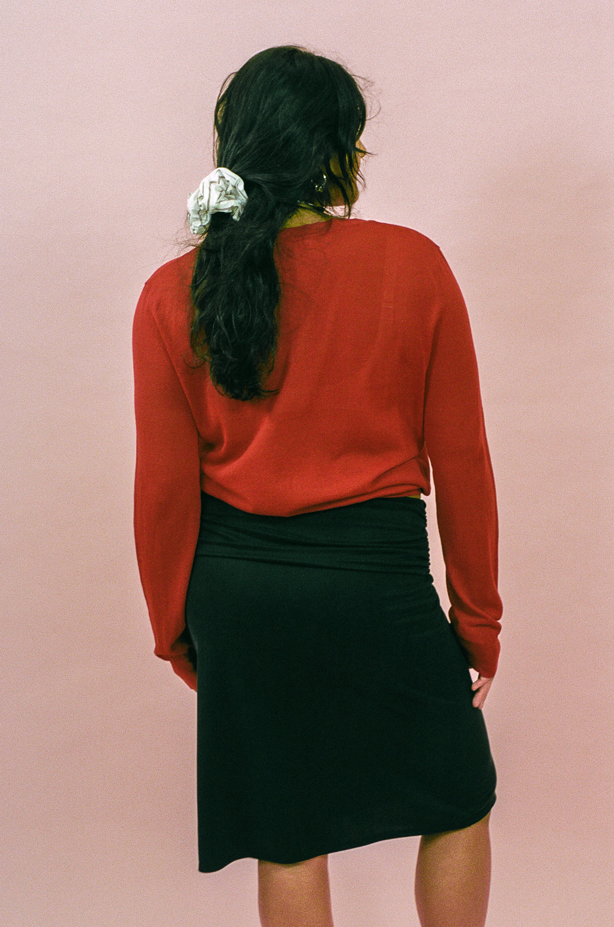 ruby red cotton nylon sheer longsleeve pullover sweater