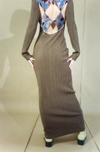 Load image into Gallery viewer, brown lattice maxi dress with vintage back cutouts
