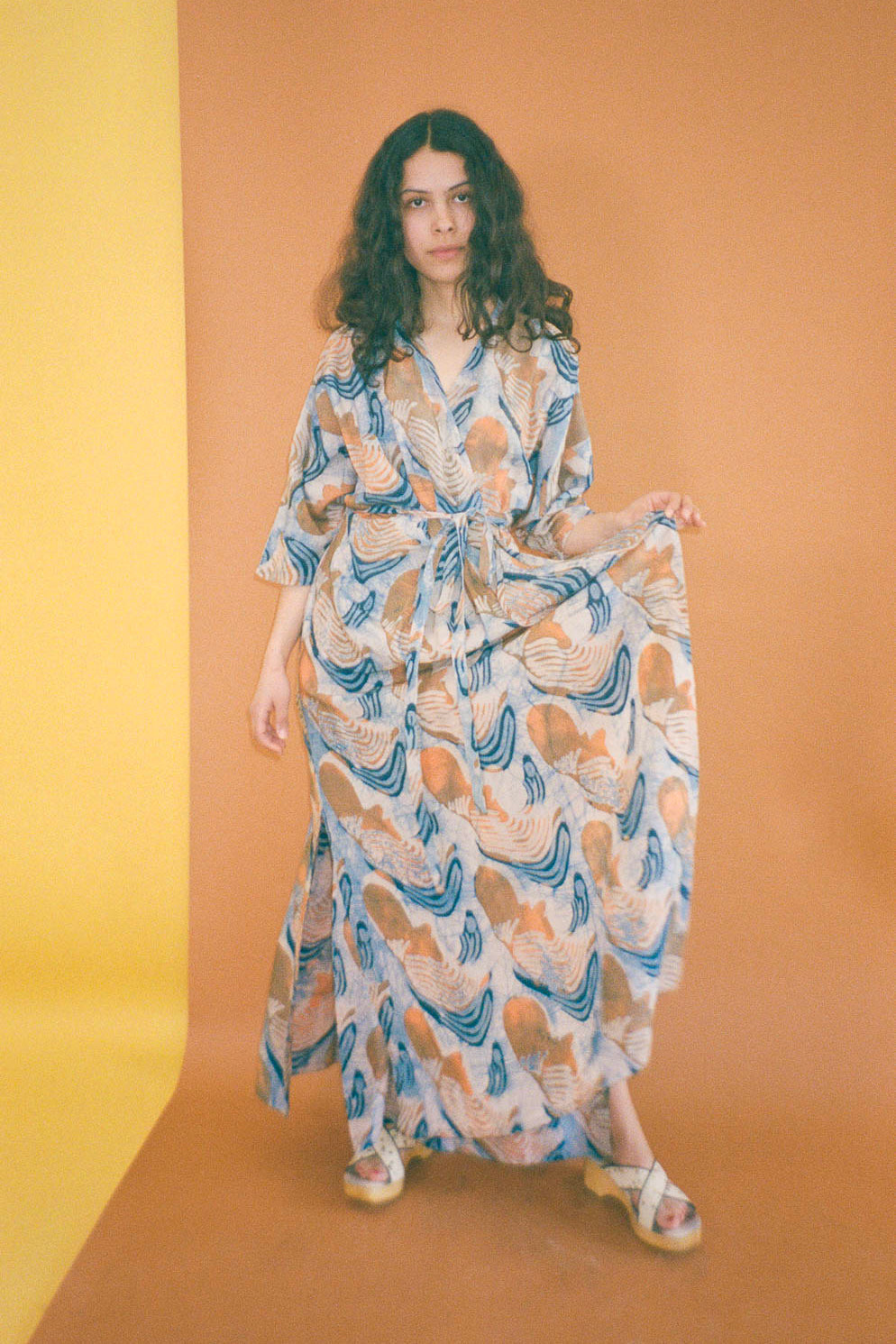 orange blue rayon hand batik wrap dress