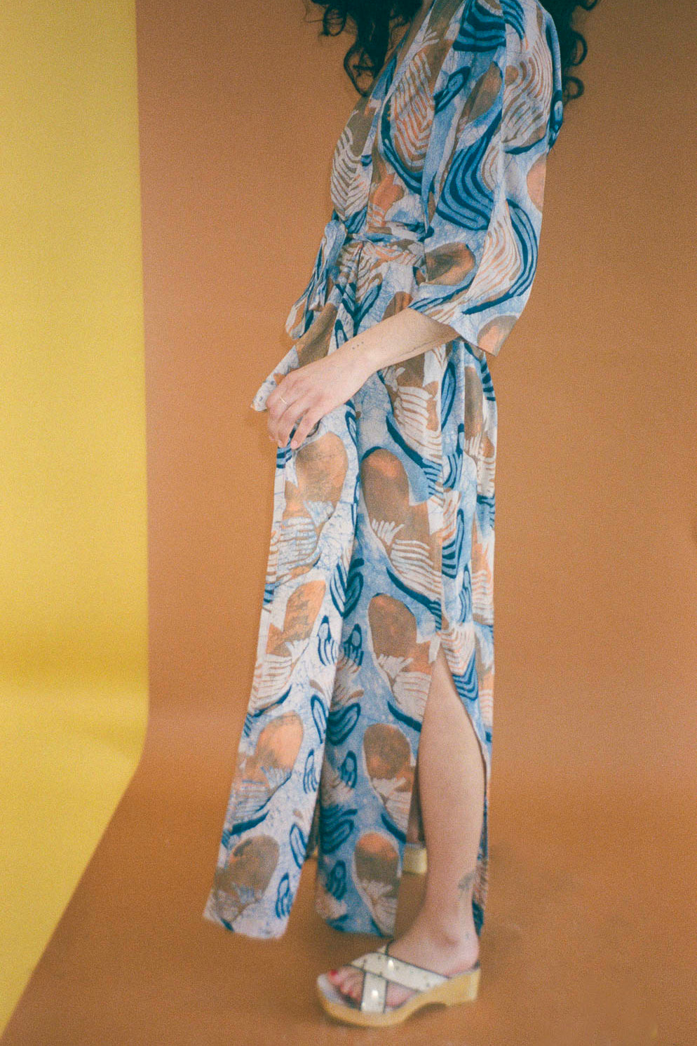 orange blue rayon hand batik wrap dress