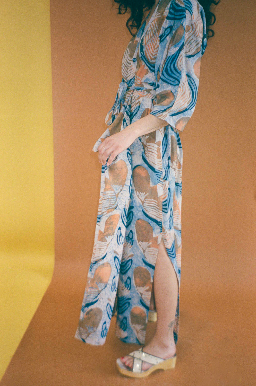 orange blue rayon hand batik wrap dress