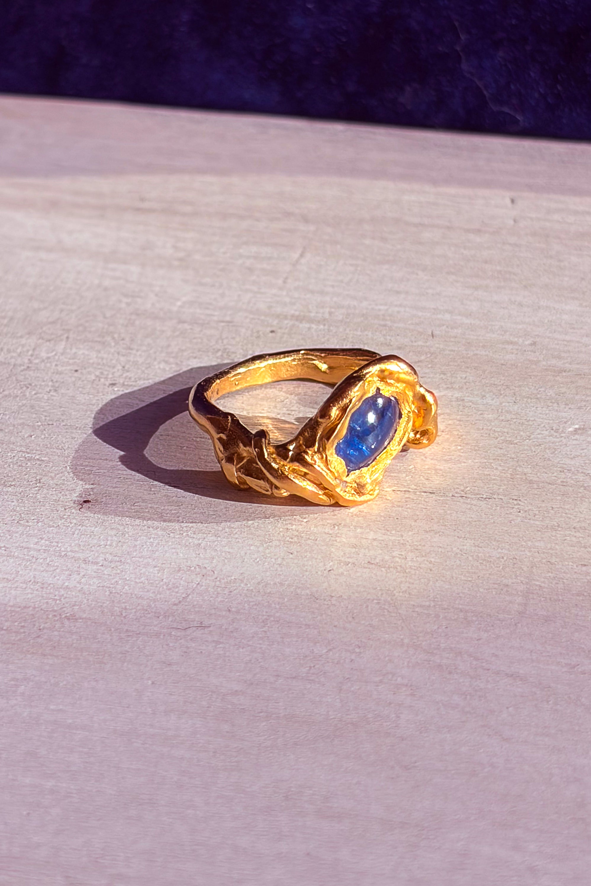 18k gold plated blue kyanite stone textured ring