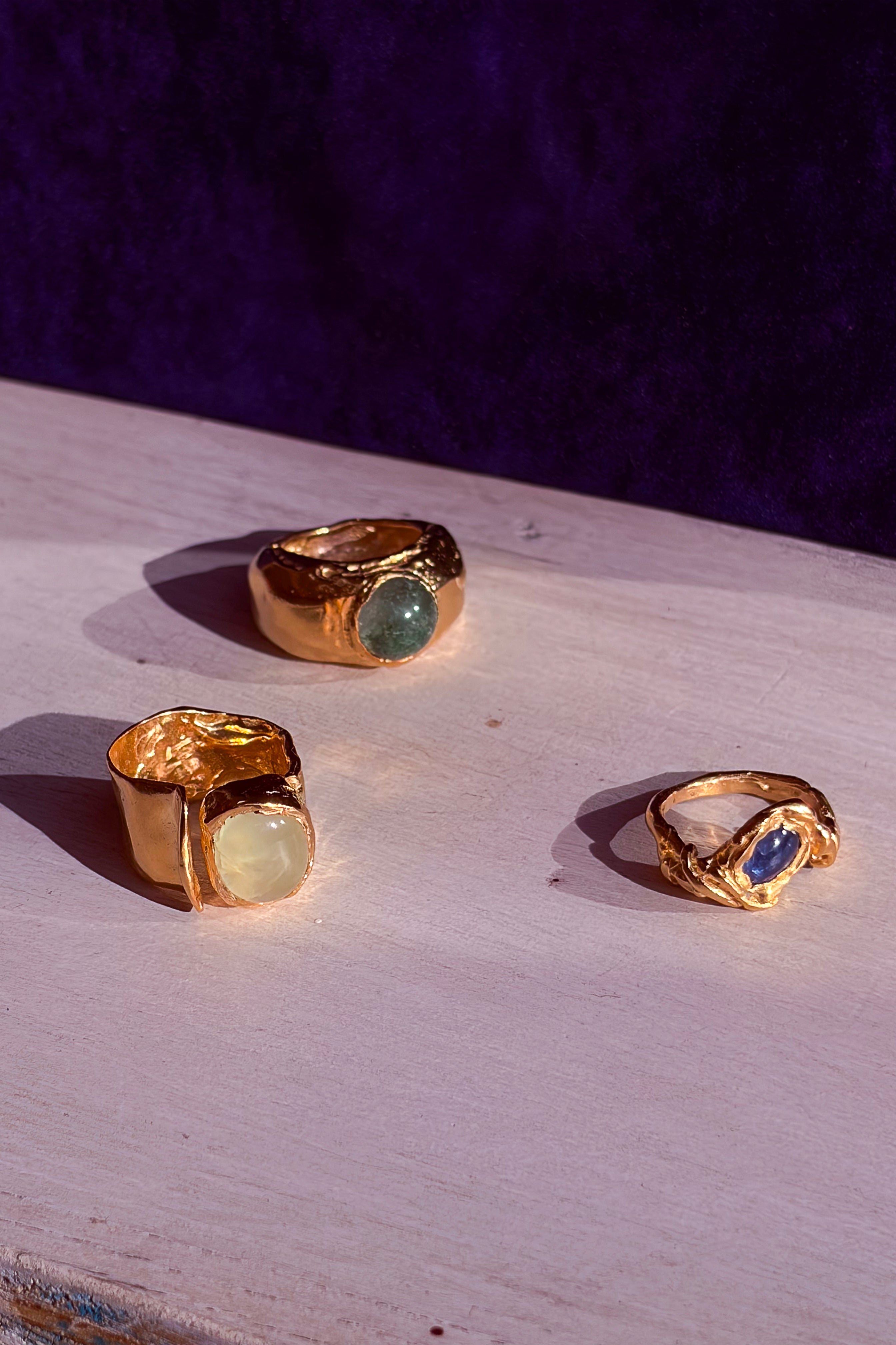 18k gold plated blue kyanite stone textured ring