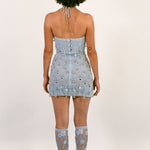 blue cotton mirrorwork beaded bell halter mini dress