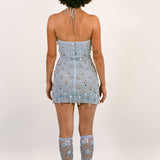 blue cotton mirrorwork beaded bell halter mini dress