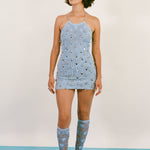 blue cotton mirrorwork beaded bell halter mini dress