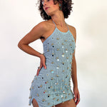blue cotton mirrorwork beaded bell halter mini dress