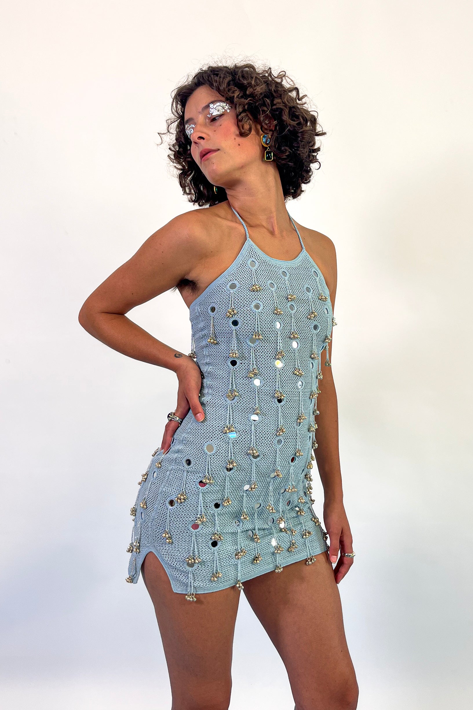 blue cotton mirrorwork beaded bell halter mini dress