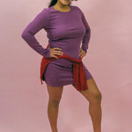 purple cotton long sleeve fitted mini dress