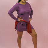 purple cotton long sleeve fitted mini dress