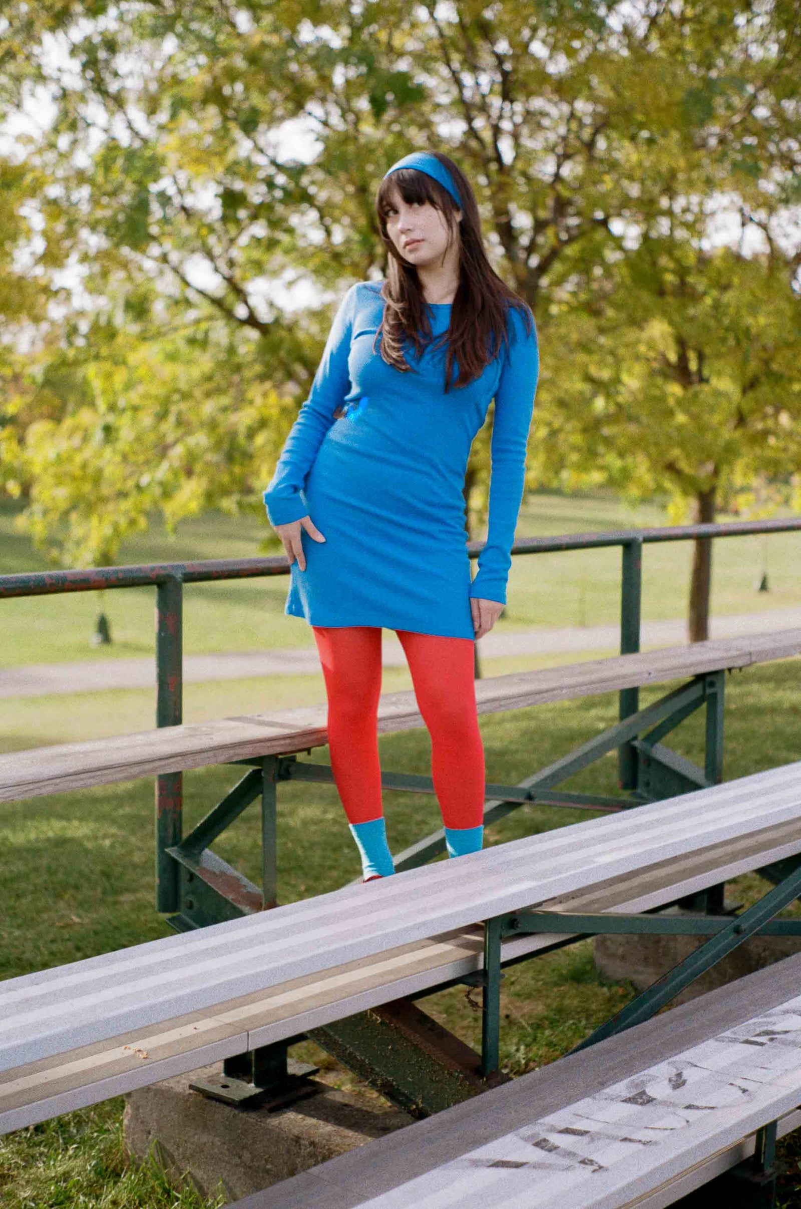 azure blue cotton long sleeve fitted mini dress