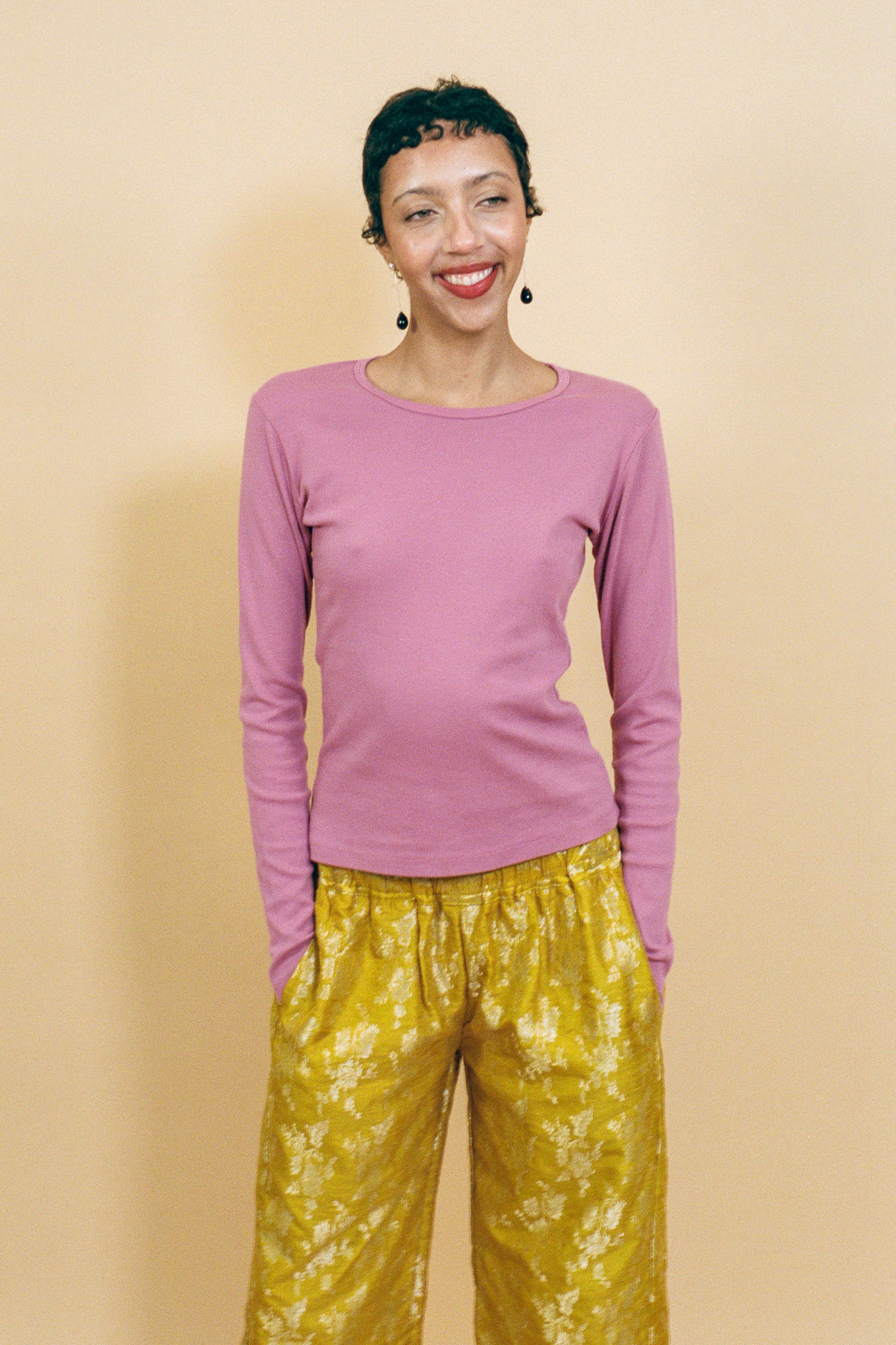 mauve cotton rib fitted long sleeve