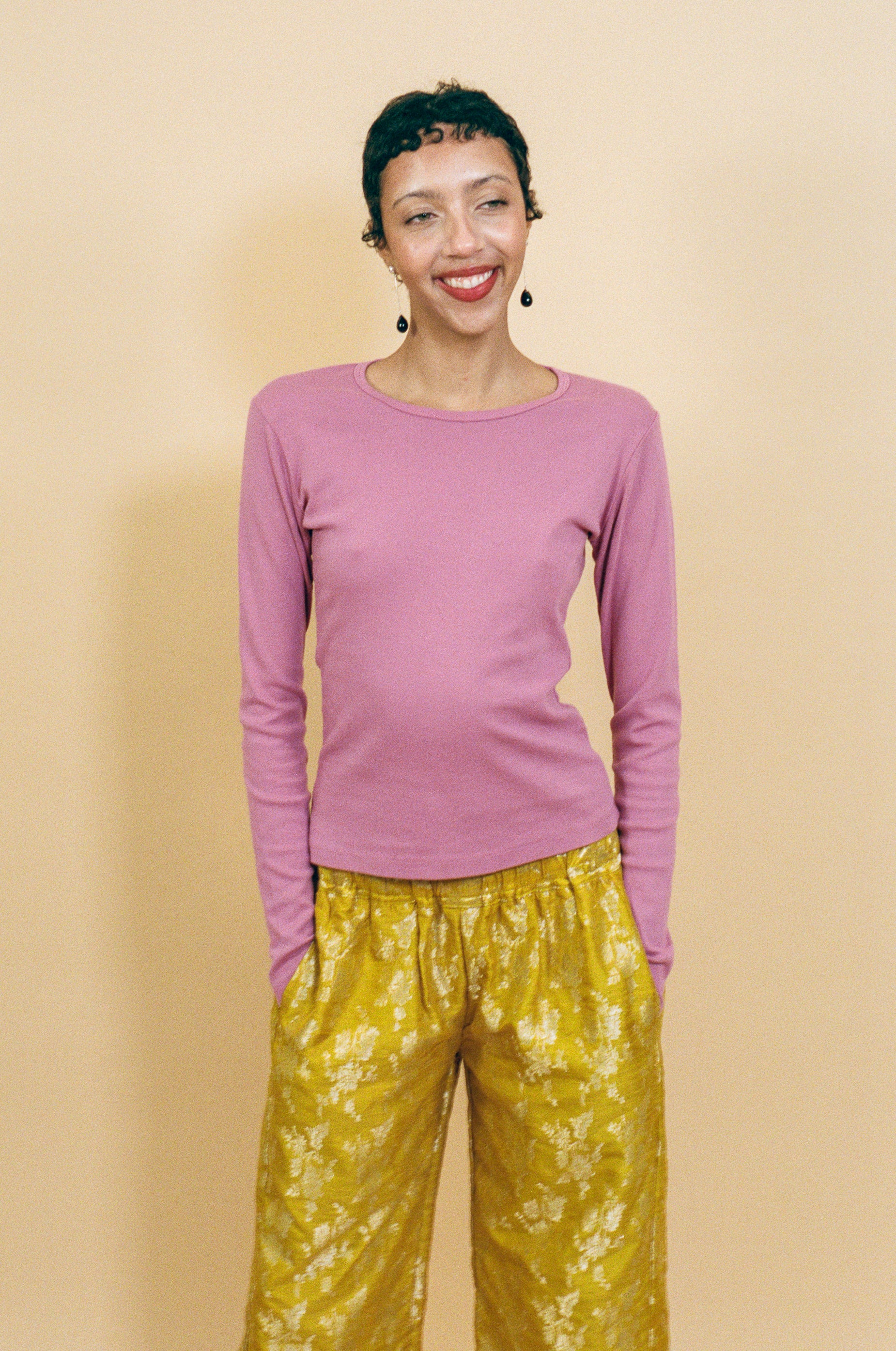 mauve cotton rib fitted long sleeve