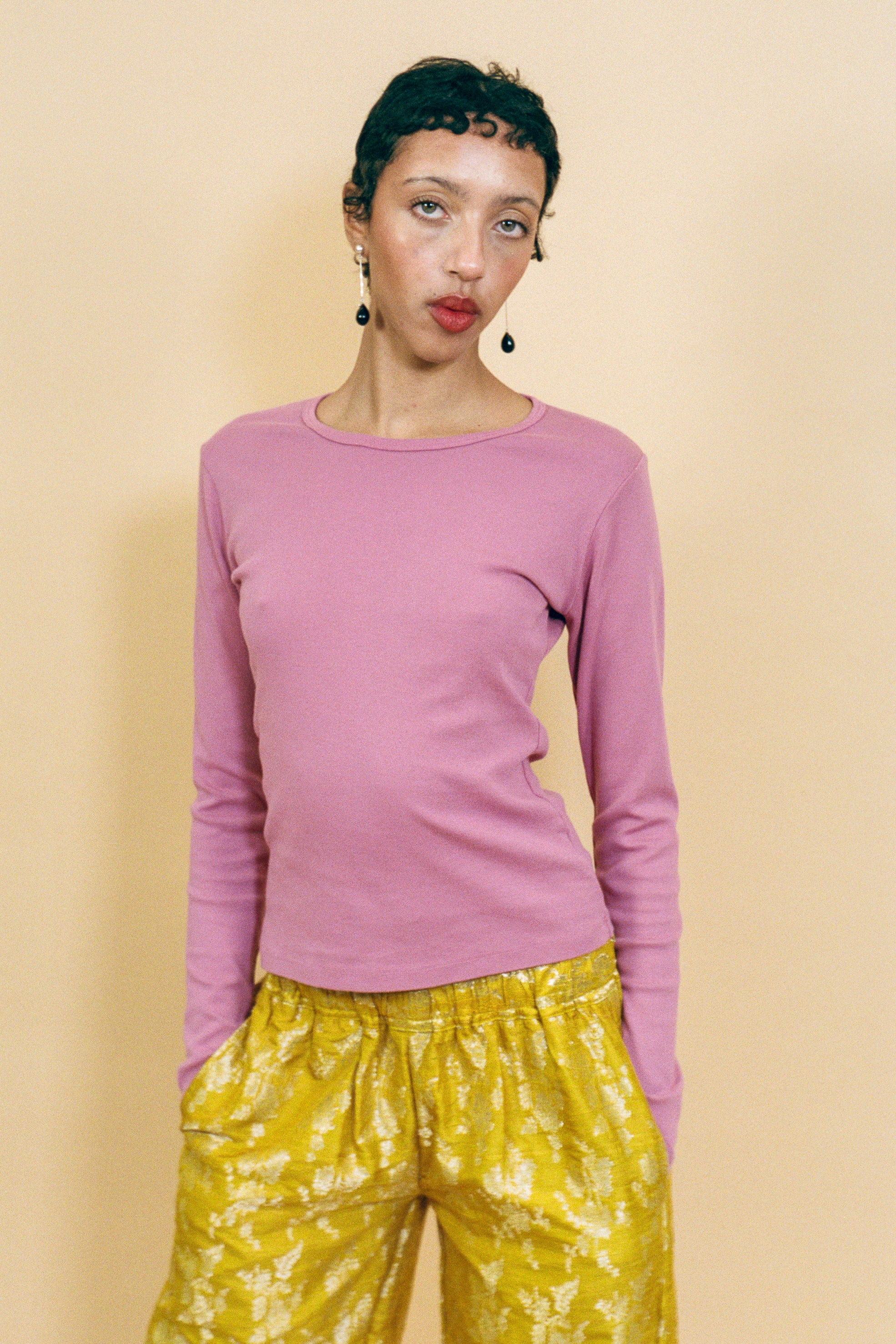 mauve cotton rib fitted long sleeve