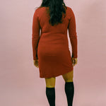 burgundy cotton rib long sleeve turtleneck mini dress