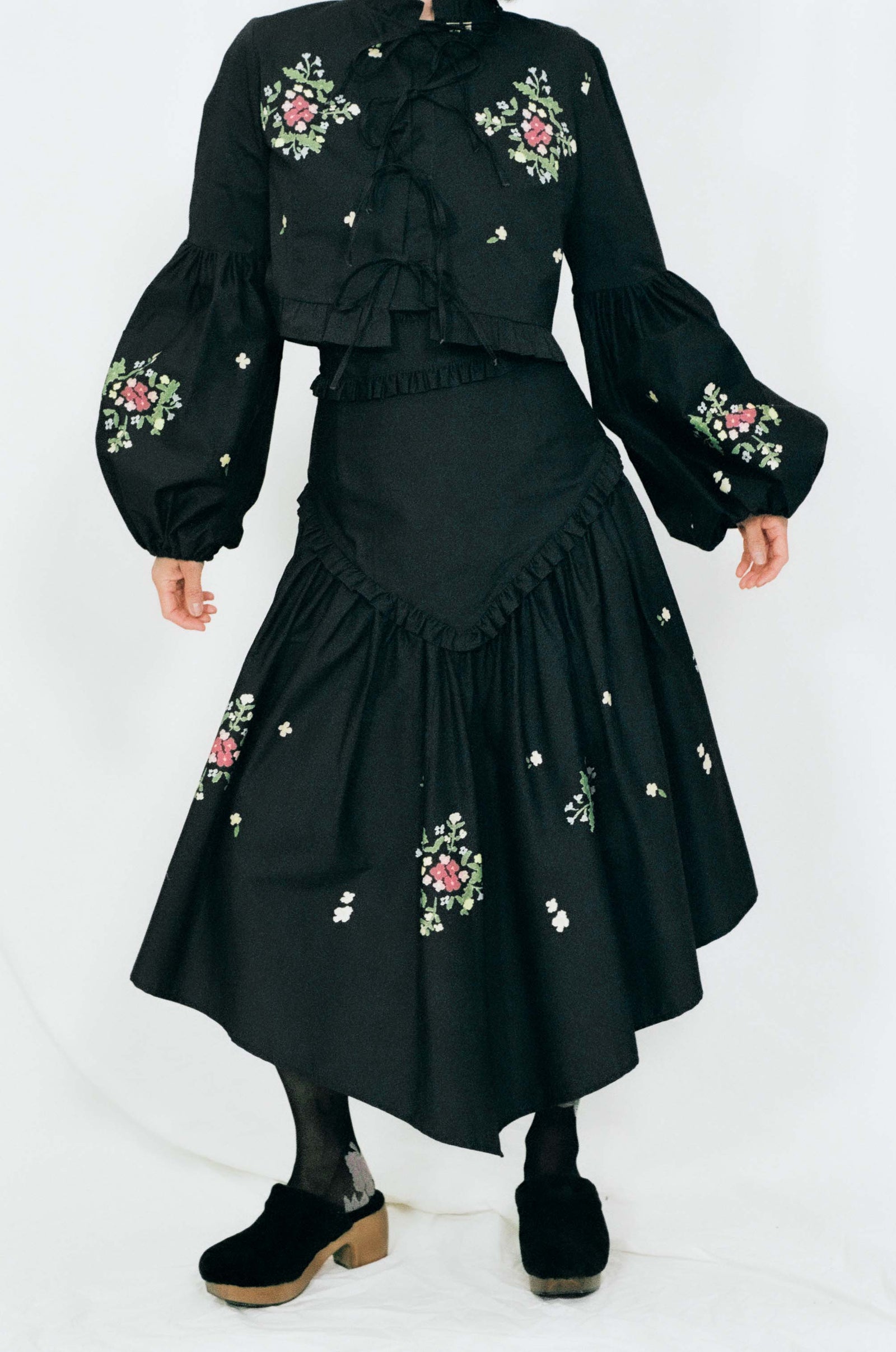 black floral cotton handkerchief folklore midi skirt