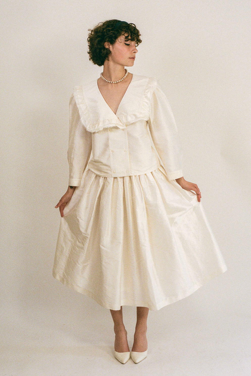 white silk taffeta voluminous pleated midi skirt