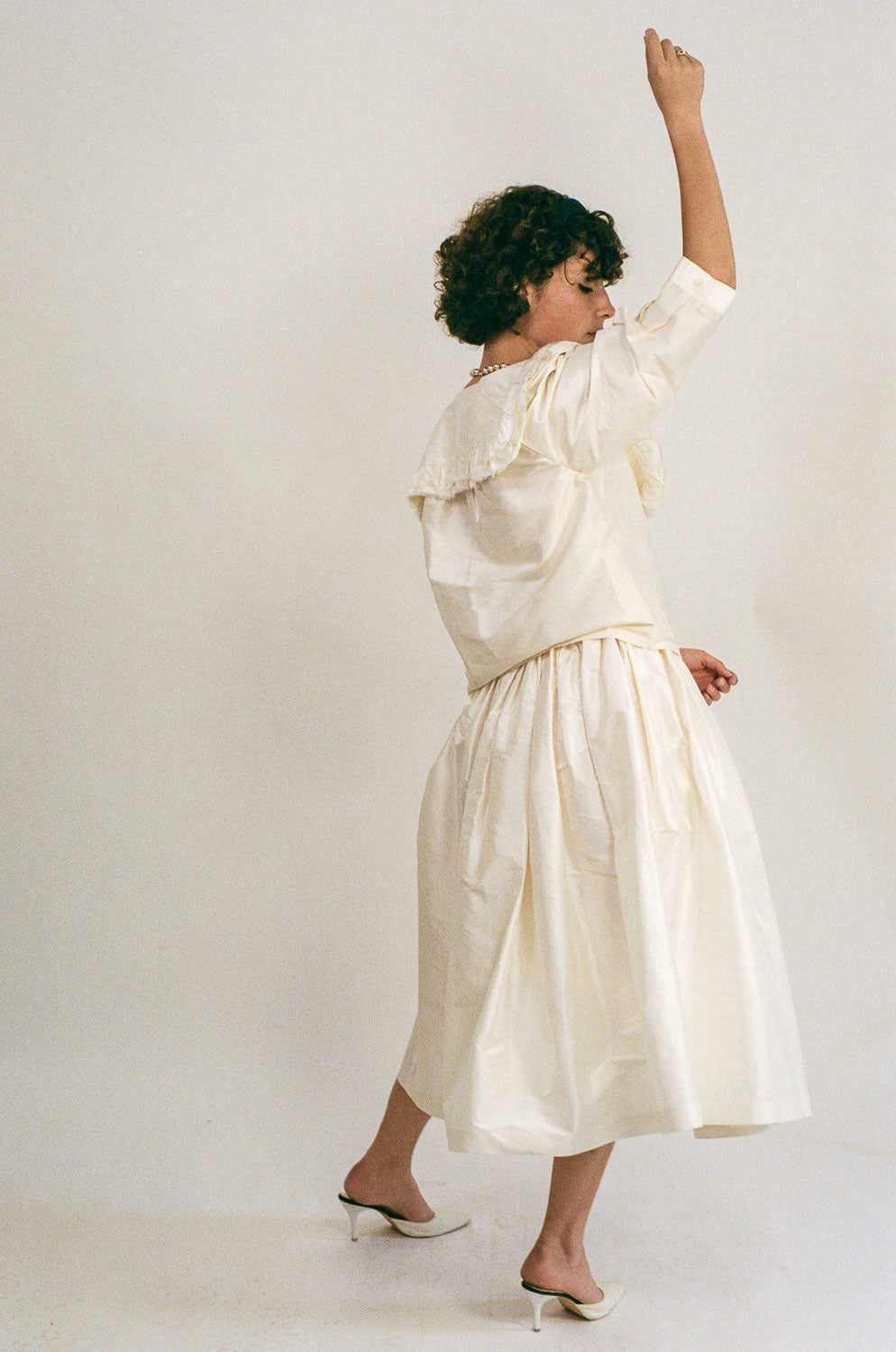 white silk taffeta voluminous pleated midi skirt