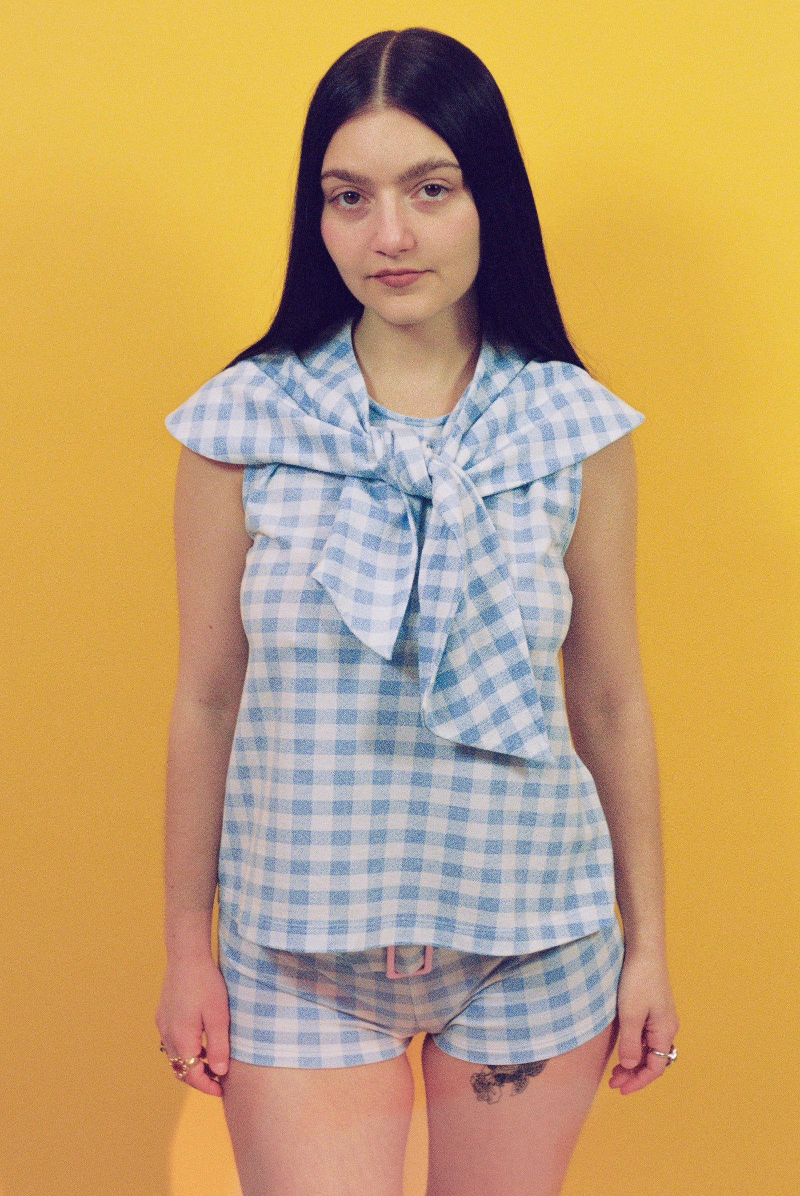 blue gingham cotton jersey 60s picnic top