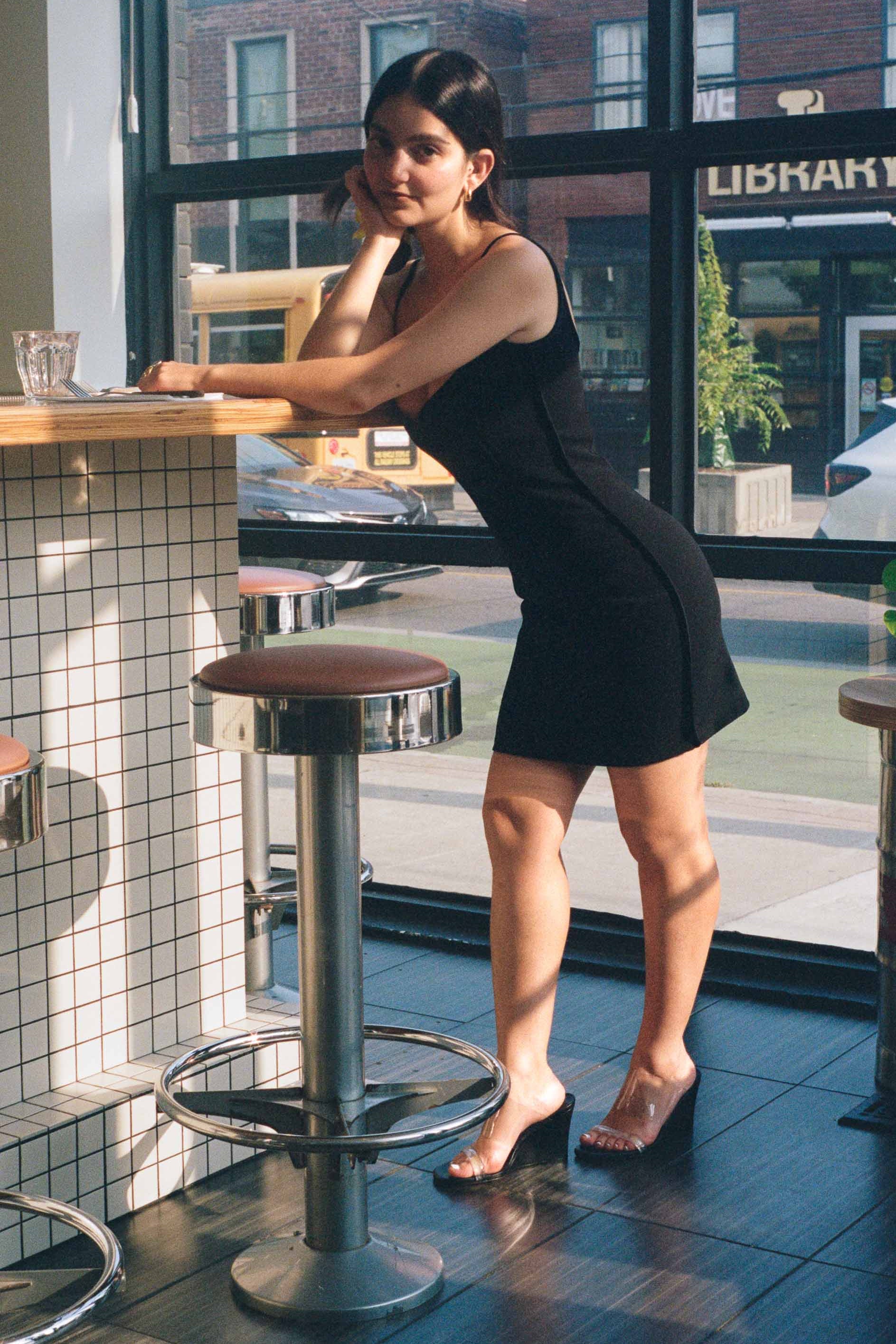 recycled polyester sculpted little black dress