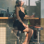 recycled polyester sculpted little black dress