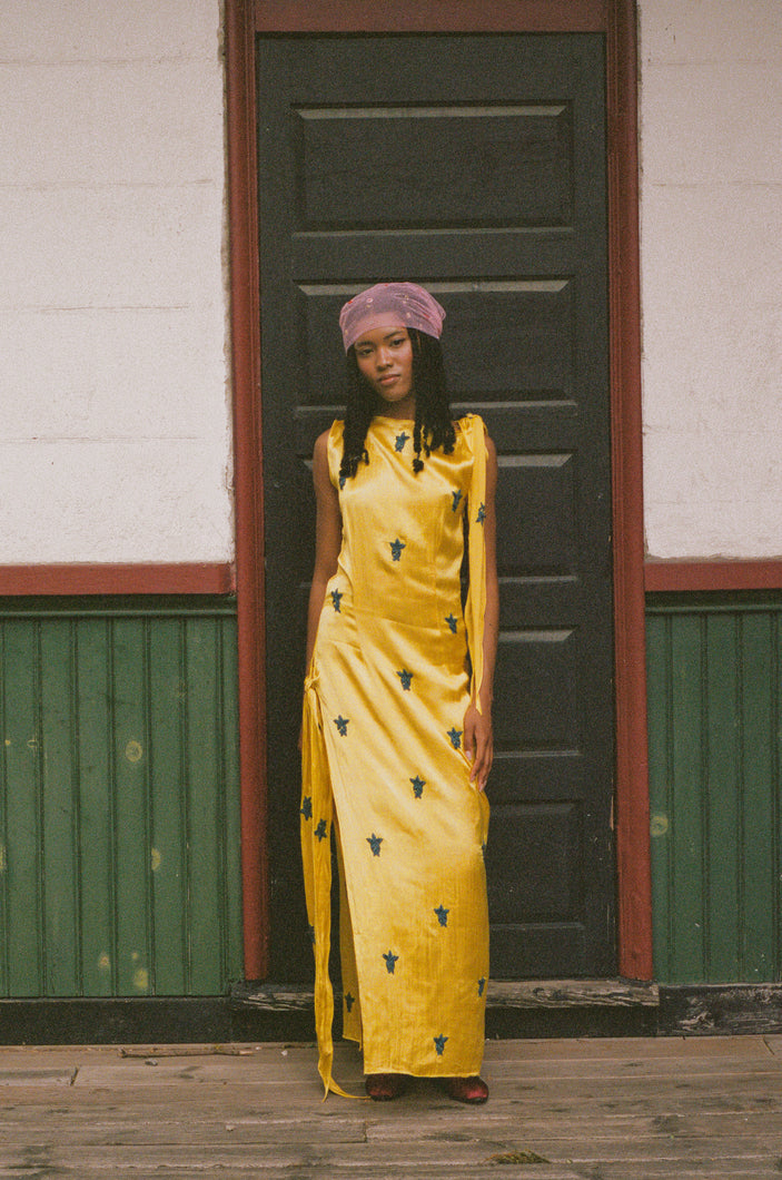SARONG DRESS IN YELLOW AND BLUE MASHROO