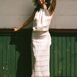 white cotton woven tasseled halter maxi dress