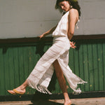 white cotton woven tasseled halter maxi dress