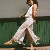white cotton woven tasseled halter maxi dress