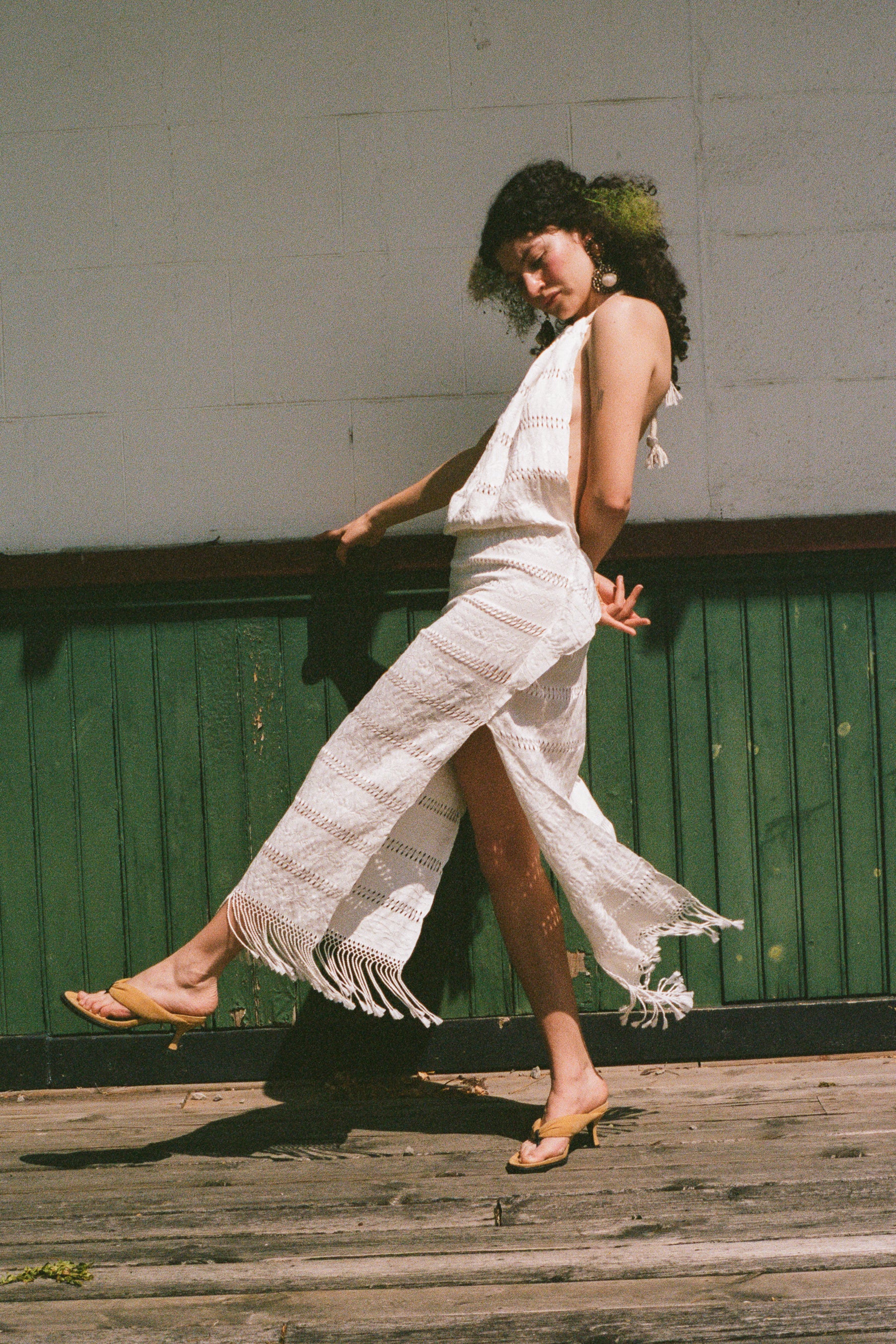 white cotton woven tasseled halter maxi dress