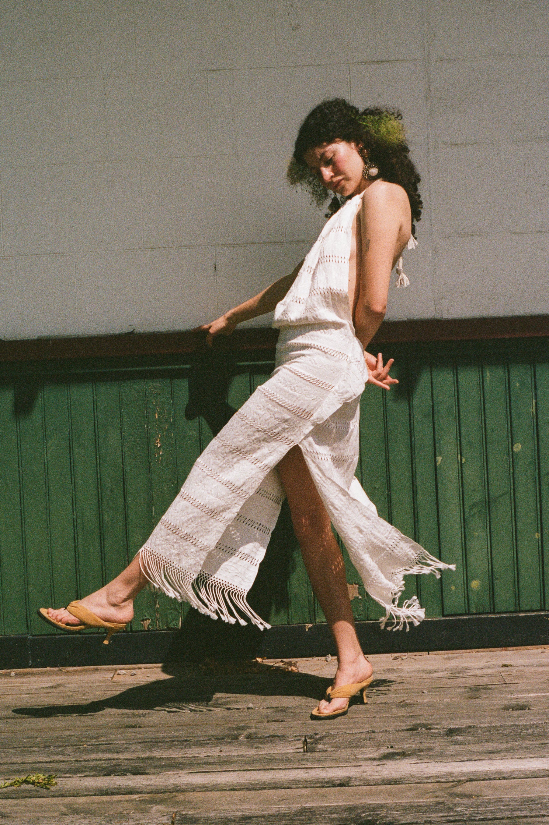 white cotton woven tasseled halter maxi dress