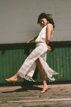 Load image into Gallery viewer, white cotton woven tasseled halter maxi dress